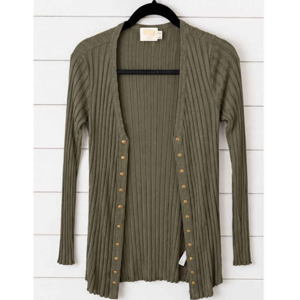Nation LTD Mayumi Olive Green Ribbed Long Snap Cardigan Size M